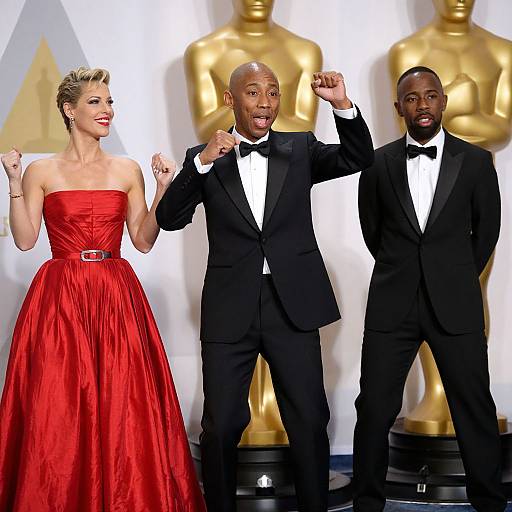 Photograph of three people posing on an awards stage: a blonde woman in a strapless red gown, a bald man in a black tuxedo