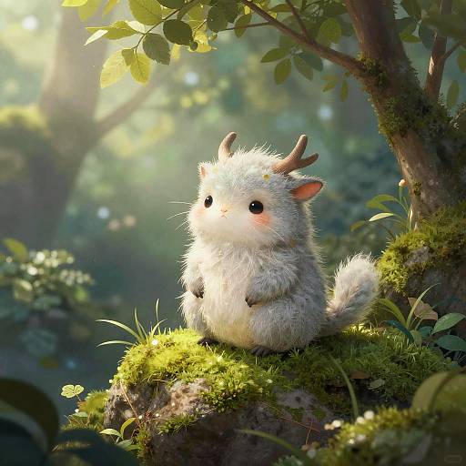 Photorealistic digital art of a fluffy, white, antlered forest creature with large eyes, sitting on a moss-covered tree branch in a sun