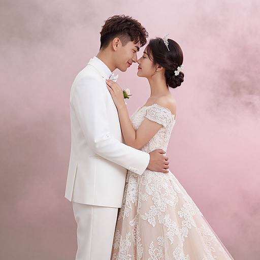 Photograph of a smiling Asian bride and groom in white wedding attire, standing close, facing each other, against a soft pink background.
