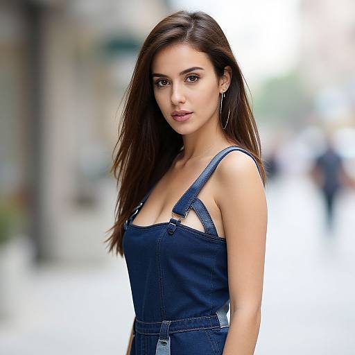 Photograph of a young woman with long brown hair, wearing a black denim overall dress, standing in a blurred urban background.