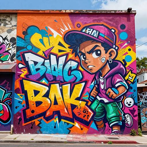 Vibrant graffiti mural of a determined, young, Latino boy in a purple cap, green shorts, and hoodie, with 