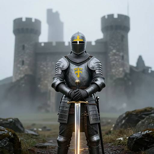 Photograph of a medieval knight in silver armor with a yellow emblem, standing with hands crossed, holding a sword, in front of a foggy,