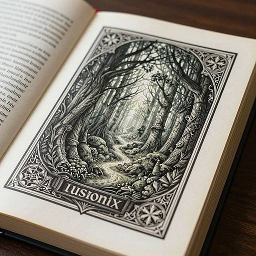 Photograph of an open book featuring a detailed black-and-white woodcut illustration of a forest with the word 