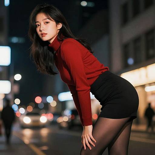 Photograph of an Asian woman with long black hair, wearing a red turtleneck, black mini skirt, and black tights, leaning forward on