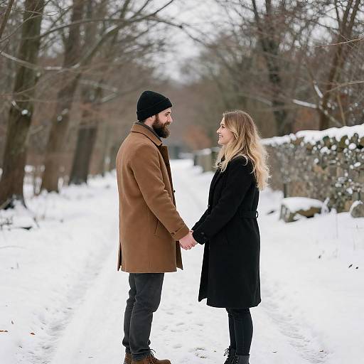 Snowy Woodland Couple Holding Hands