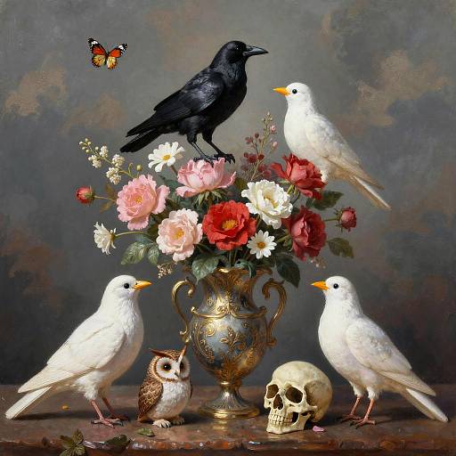Surreal Still Life with Birds and Skull
