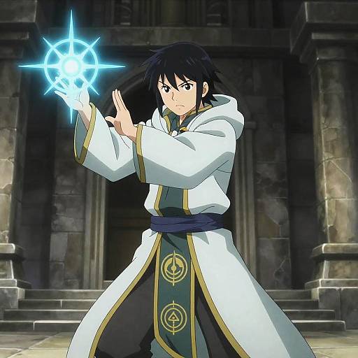 Anime-style drawing of a black-haired young man in white and green magical robes, casting a glowing blue spell in a dark, stone temple.