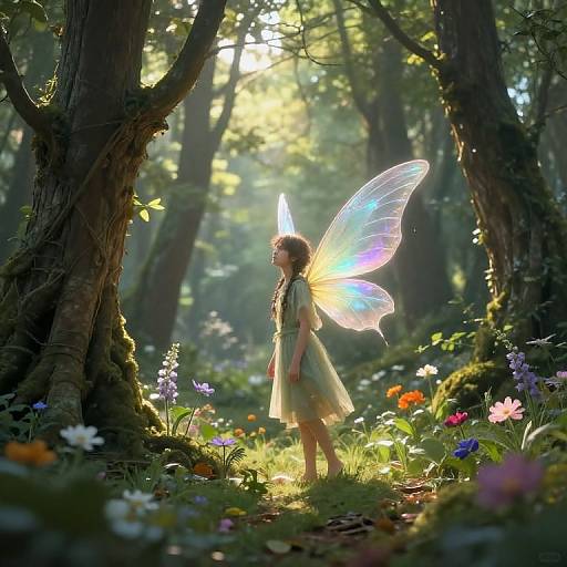 Digitally illustrated fairy with glowing wings stands in a sunlit forest, surrounded by colorful flowers and tall trees. Ethereal, magical atmosphere.