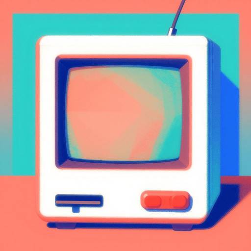 Digital illustration of a vintage TV with a glowing white frame, red power button, and black antenna, set against a colorful pink, blue, and turquoise