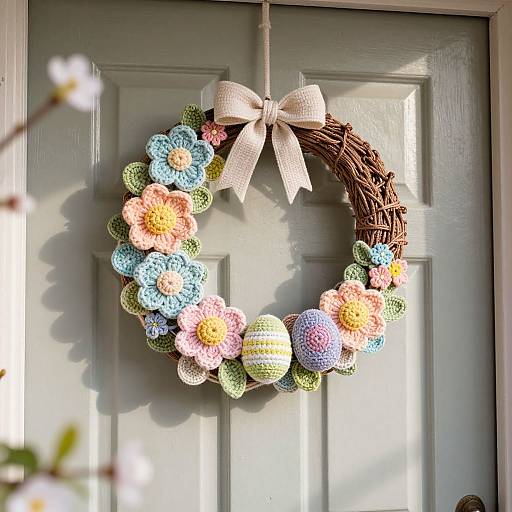 Colorful crocheted flower wreath with pastel flowers and eggs, topped with a white bow, hanging on a light gray door.