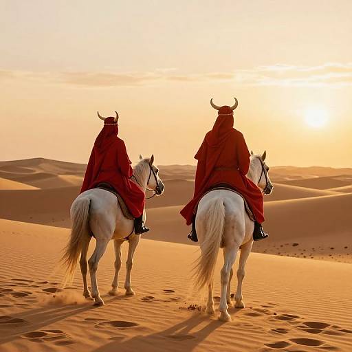 Red Cloaked Riders in Golden Desert