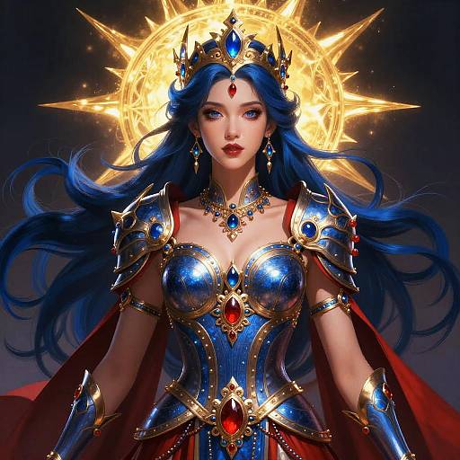 Regal Warrior Queen with Glowing Sun Halo
