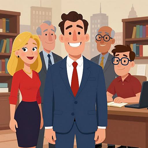 Cartoon illustration of a smiling man in a blue suit with red tie, standing with a blonde woman in red blouse and black skirt, surrounded by four