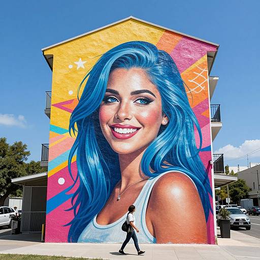 Photograph of a vibrant mural with a smiling woman with blue hair on a building, wearing a white tank top, set against a bright blue sky.