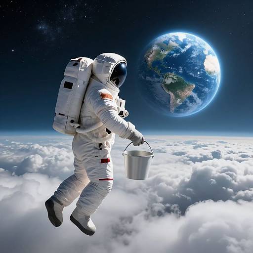 Photograph-style CGI: Astronaut in white spacesuit with American flag, holding metal bucket, floating above Earth in a cloudy sky.