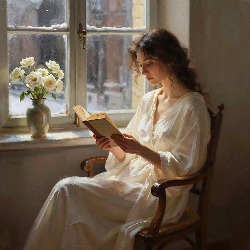 Photograph of a brunette woman in a white, flowing dress reading a book by sunlight streaming through a window, with white flowers in a vase on the