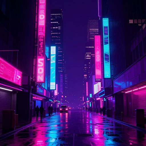 Neon-lit, rain-soaked urban street at night, vibrant pink and blue vertical signs reading 