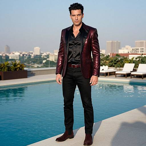 Photograph of a tall, muscular man with dark hair, wearing a shiny red sequin blazer, black shirt, pants, and brown boots,
