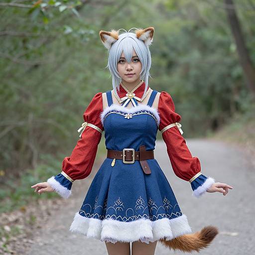 Photograph of a young woman with white hair and fox ears, wearing a blue dress with white fur trim, red sleeves, and a brown belt,