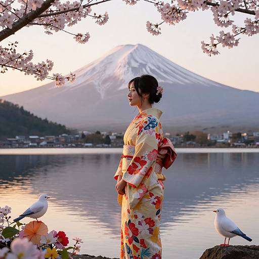 Serene Japanese Woman by Lake Fuji