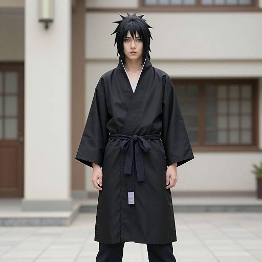 Photograph of an anime-style man with spiky black hair, wearing a black kimono, standing in front of a traditional Japanese building.