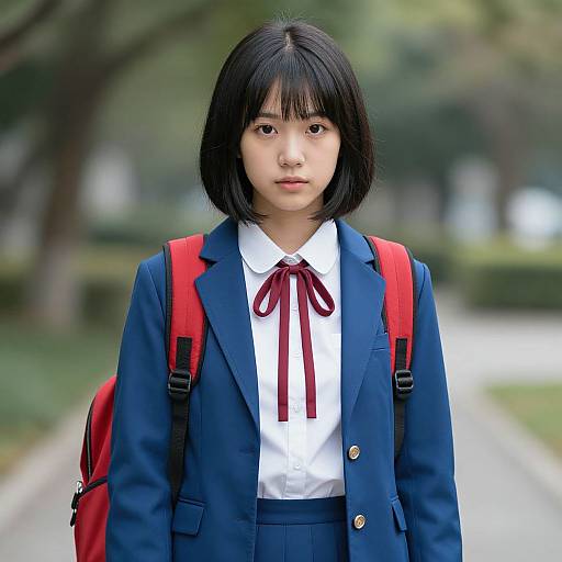 Photograph of an East Asian schoolgirl with straight black bob haircut, wearing a navy blazer, white shirt with red ribbon, blue skirt, and