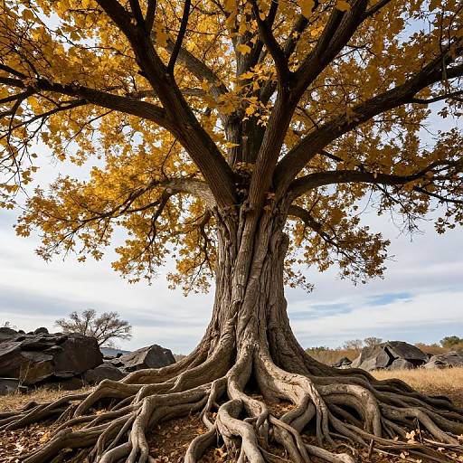 Photograph of a majestic, ancient tree with sprawling, gnarled roots and vibrant yellow autumn leaves against a cloudy sky and rocky landscape.