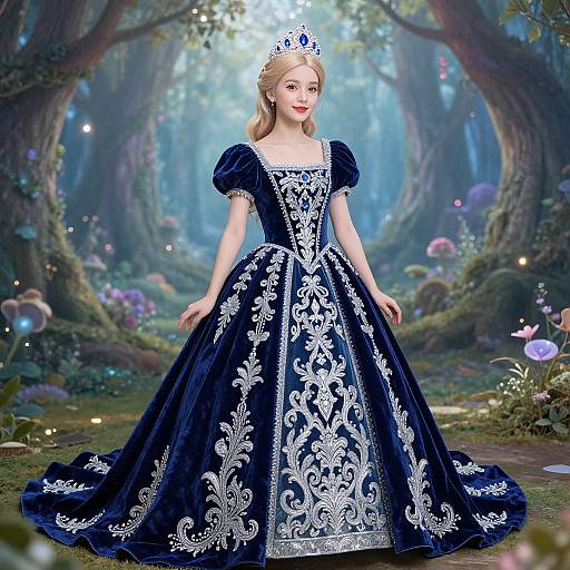 Digital illustration of a fairytale princess with blonde hair, wearing a blue velvet gown with white floral embroidery, standing in a mystical forest. She has