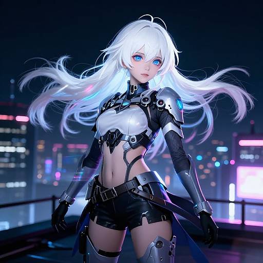 CGI anime-style female character with long white hair, blue eyes, black futuristic armor, and glowing accents, standing on a neon-lit rooftop at