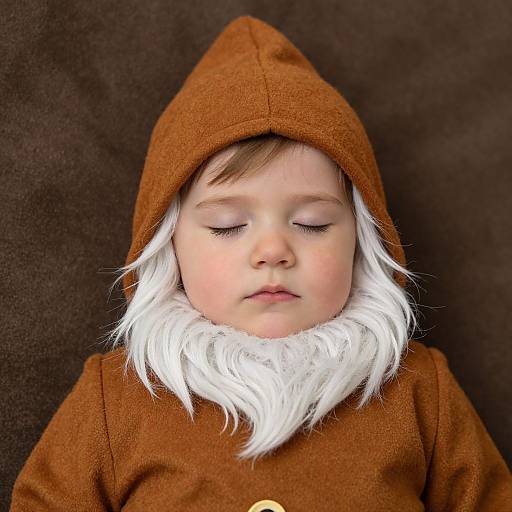Photograph of a sleeping baby with closed eyes, wearing a brown hooded outfit with white furry collar, against a dark brown background.