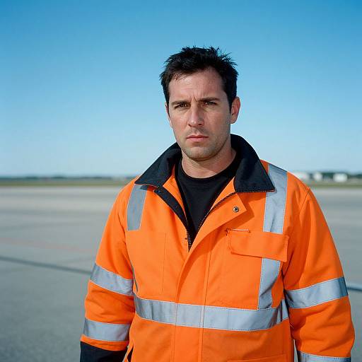 Photograph of a serious-looking man with short black hair, wearing an orange high-visibility jacket with silver stripes, standing on an empty, sunny airport