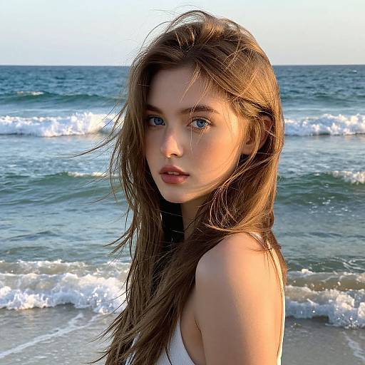Photograph of a beautiful young woman with long brown hair, blue eyes, and fair skin standing at a beach with waves in the background. She wears