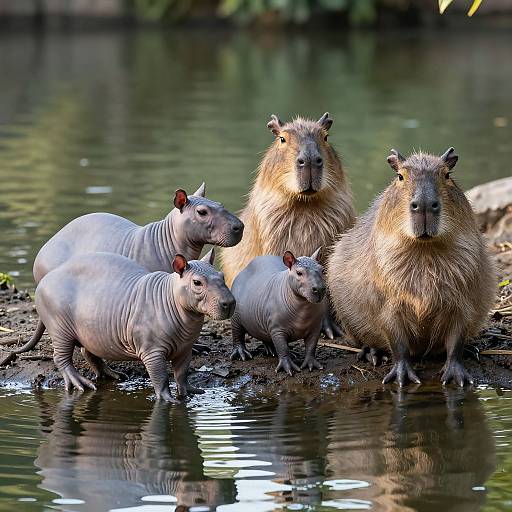 Hairless Capybara Family by Pond