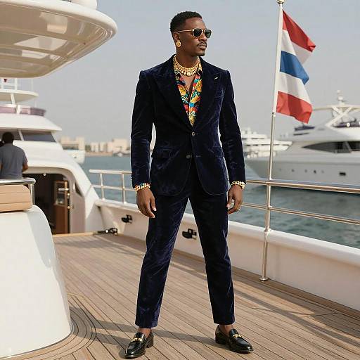 Photograph of a tall, Black man in a navy velvet suit, colorful patterned shirt, gold necklace, sunglasses, and black loafers on a