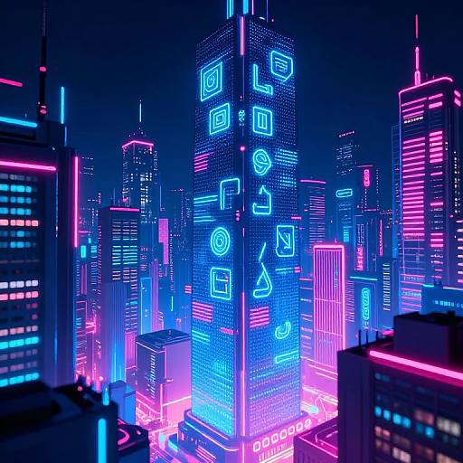 Neon-lit cyberpunk cityscape at night. Bright blue, pink, and purple lights adorn skyscrapers with digital icons and text. Vibr