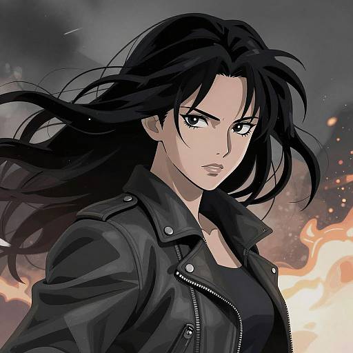 Digital anime-style drawing of a fierce woman with long black hair, wearing a black leather jacket, against a fiery, smoky background.