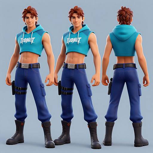 3D CGI of muscular man with brown hair, wearing blue 