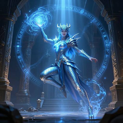 Digital art of a blue-armored, horned female warrior casting a glowing blue magic spell in an ornate, illuminated temple.