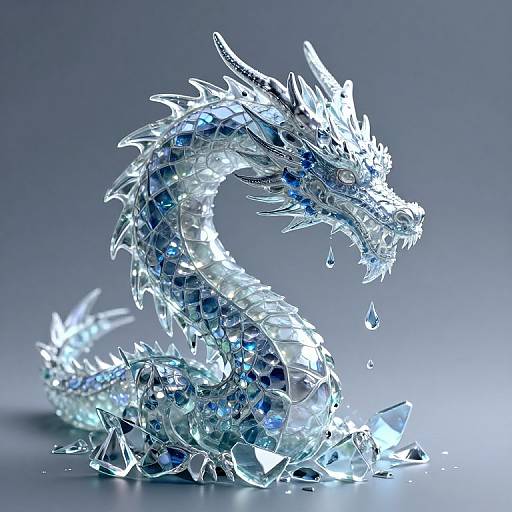 Photorealistic digital artwork of a crystalline, blue-and-white dragon with sharp, glowing spikes, droplets of water on its snout, co