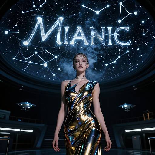 Photograph of a model in a shiny, gold and black metallic dress, standing in front of a dark, starry backdrop with the word 
