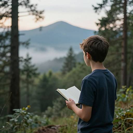 Quiet Boy in Misty Forest Clearing