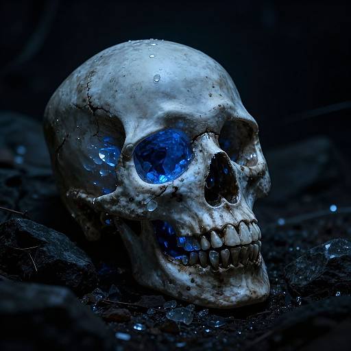 Photograph of a glowing blue-eyed, wet, white skull with detailed teeth and bones, set against a dark, textured background.