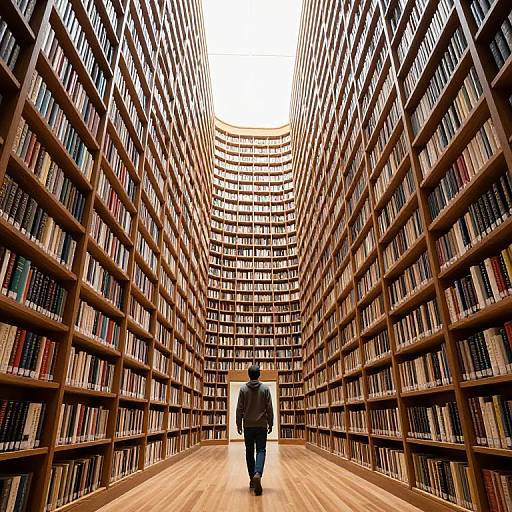 Photograph of a lone person walking down a long, narrow library aisle with towering shelves of books on both sides, under a bright skylight.