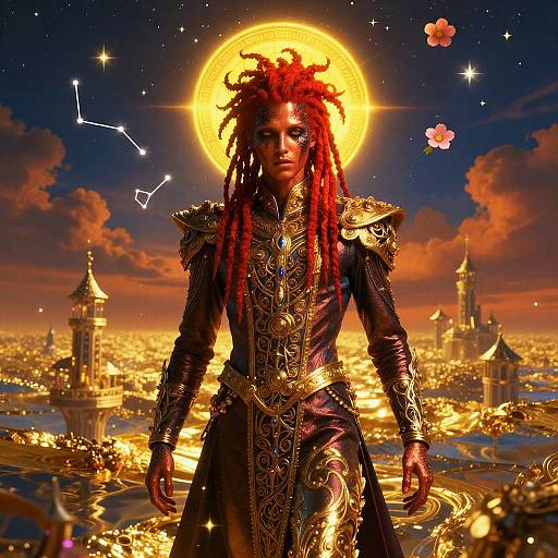 Surreal Mystical Androgynous Figure with Fiery Red Dreadlocks
