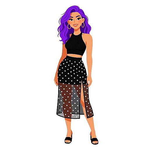 Digital illustration of a smiling woman with purple hair, wearing a black crop top, polka dot skirt with thigh slit, and black sandals, standing against