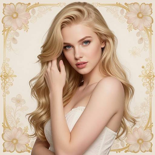Photograph-style digital illustration of a beautiful blonde woman with blue eyes, long wavy hair, wearing a white lace strapless top, framed by delicate