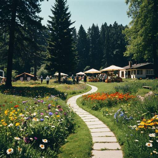 Sunny Meadow Path with Flowers and Picnic Area
