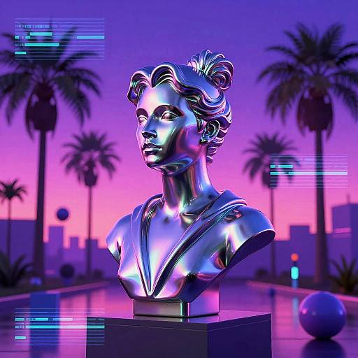 Neon-lit, metallic bust of classical woman with wavy hair, set against vibrant purple and pink sunset with palm trees and futuristic cityscape.