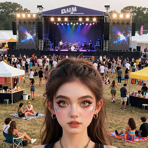 Photograph of a festival with a young woman in the foreground, face painted with stars, surrounded by a crowd under a lit stage. Bright lights and