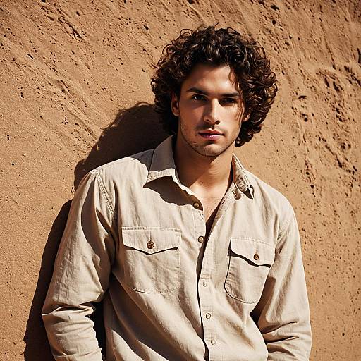 Young Man in Beige Shirt Against Sandy Wall